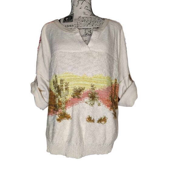 Anthropologie Pilcro Large Desert Cactus Sweater Short Sleeve Top Cotton V Neck - Picture 1 of 6